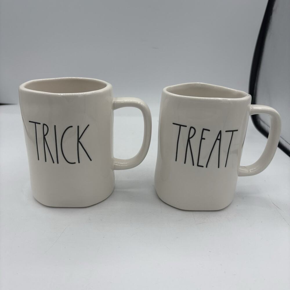 Rae Dunn Mugs Halloween Trick Treat Tall 4.75"‎ Coffee White Decor Set of 2